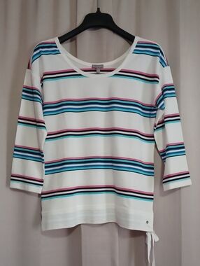 T By Talbots White Striped Scoopneck 3/4 Sleeve Cotton Top Side Tie Size S New